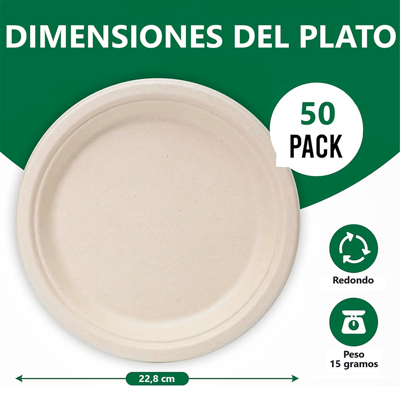 50 Platos Desechables De Papel Compostables Biodegradables Blanco