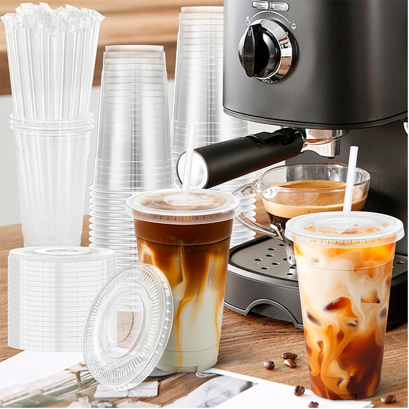 50 Vasos Desechable Plástico Con Tapa Y Bombillas 24 Onzas Transparente