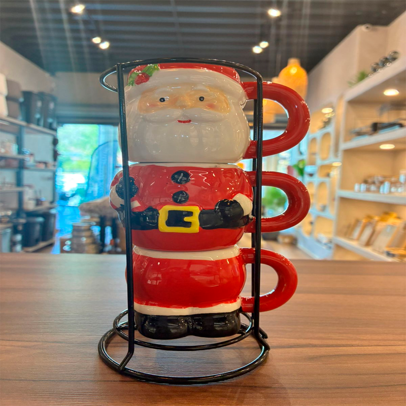 Set 3 Tazas De Cafe Mug De Viejito Pascuero Adorno Navidad Rojo