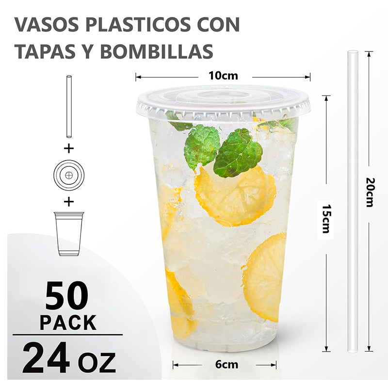 50 Vasos Desechable Plástico Con Tapa Y Bombillas 24 Onzas Transparente