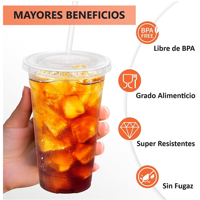 50 Vasos Desechable Plástico Con Tapa Y Bombillas 24 Onzas Transparente