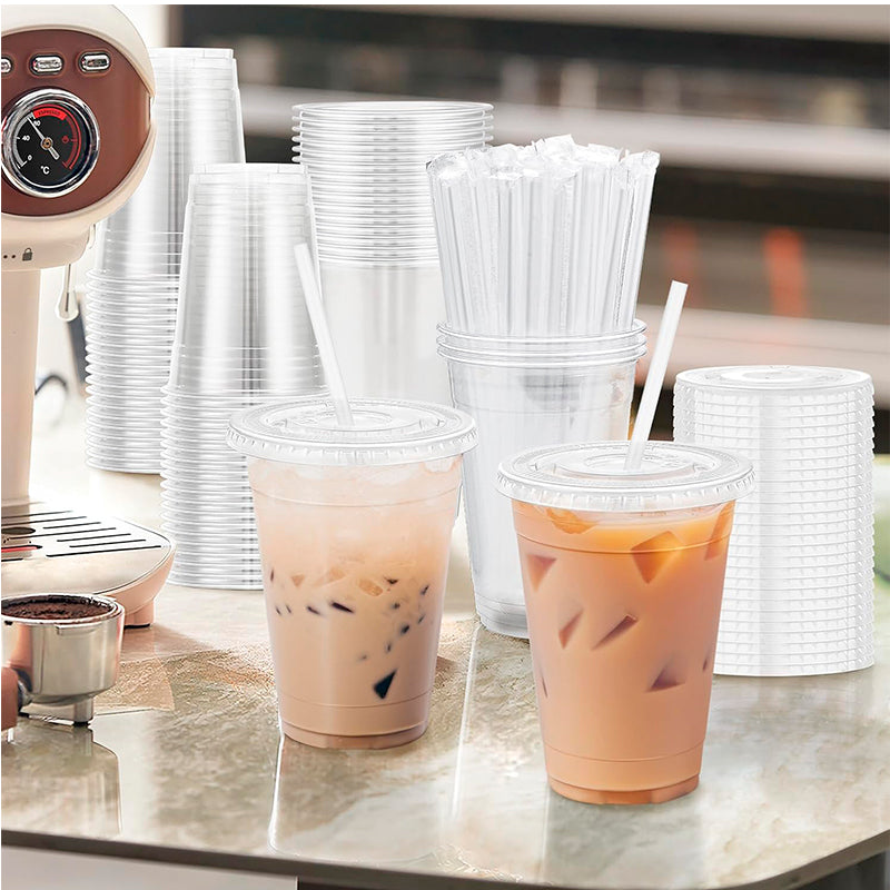 50 Vasos Desechable Plástico Con Tapa Y Bombillas 24 Onzas Transparente