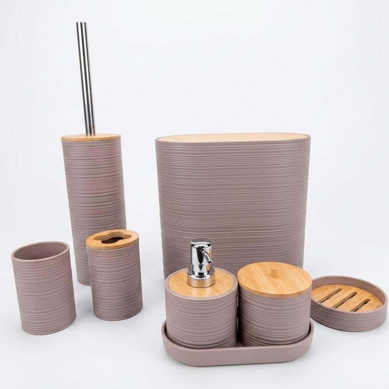 Set De 8 Accesorios Para Baño Con Tapa De Bambu Papelera Wc