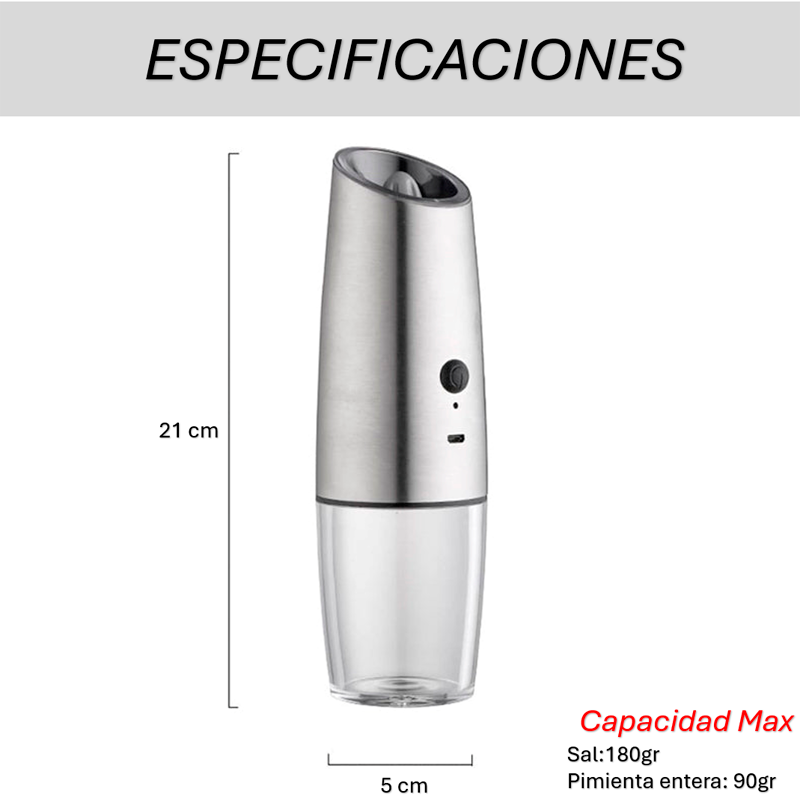 Molinillo de Pimienta Eléctrico Salpimentero Inalambrico de Acero Inoxidable Recargable USB