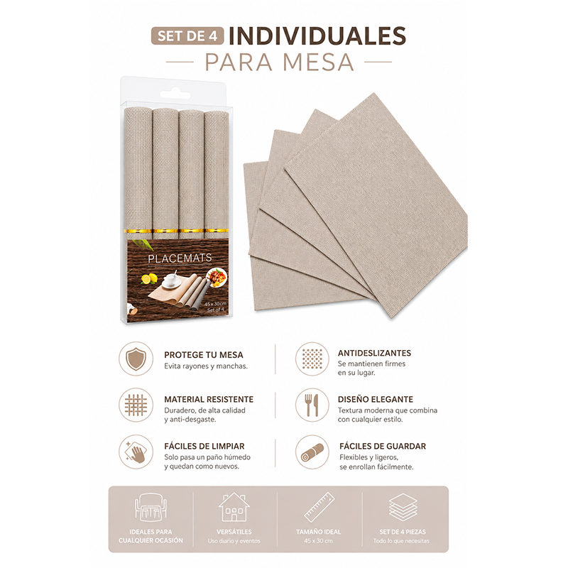 Set 4 Individuales Impermeable De Mesa Rectangulares De Pvc