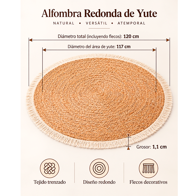 Alfombra Redonda Estilo Yute Tejida Para Living Resistente Mascotas
