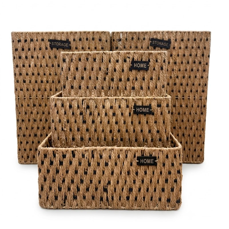 Set de 5 Canastos Rectangulares Organizadores de Fibra Natural Estilo Boho
