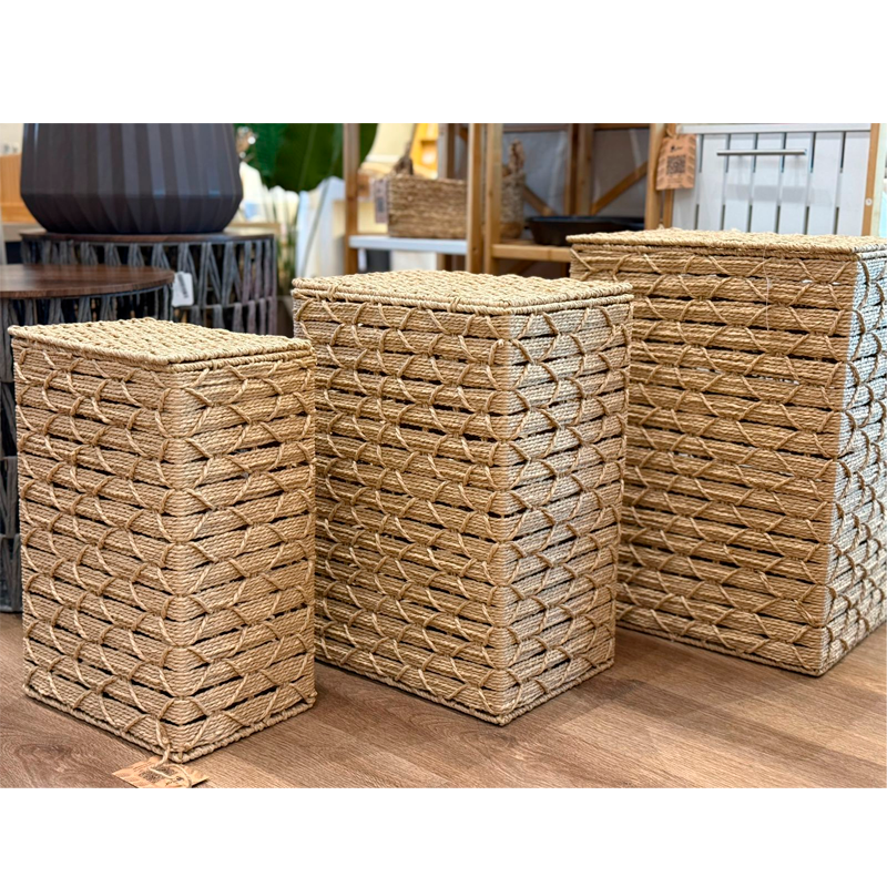 Set de 3 Canastos Rectangulares Organizadores de Fibra Natural con Tapa Estilo Boho