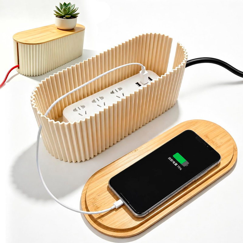 Caja Organizadora De Almacenamiento De Cables Soporte Con Tapa de Bambu