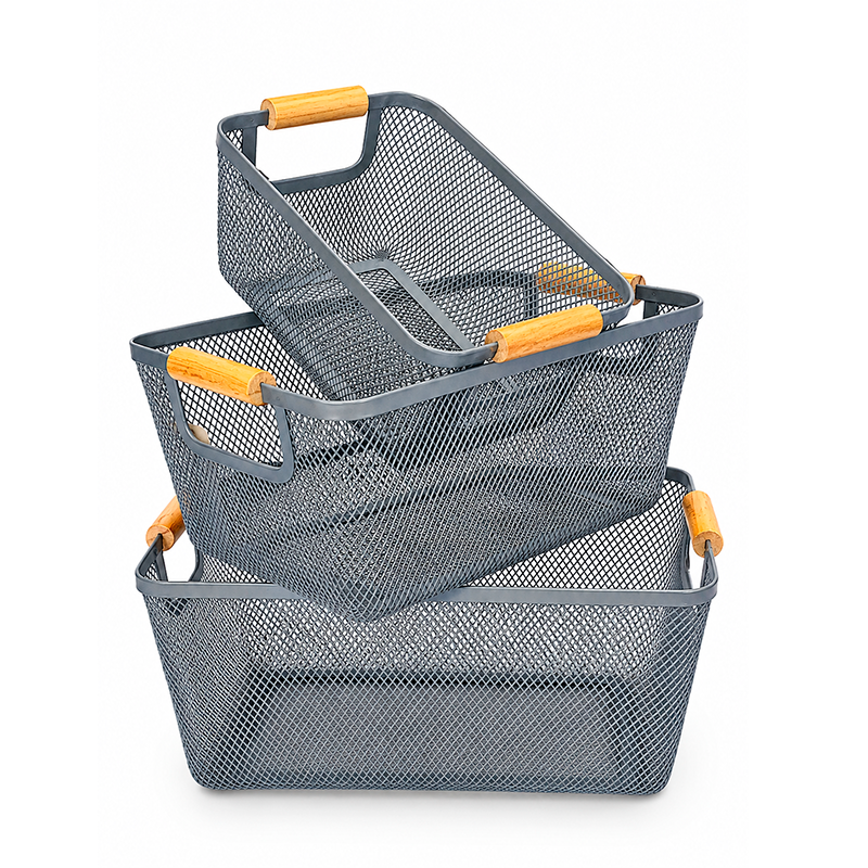Set 3 Canastos Metalicos Con Mango De Madera Para El Hogar