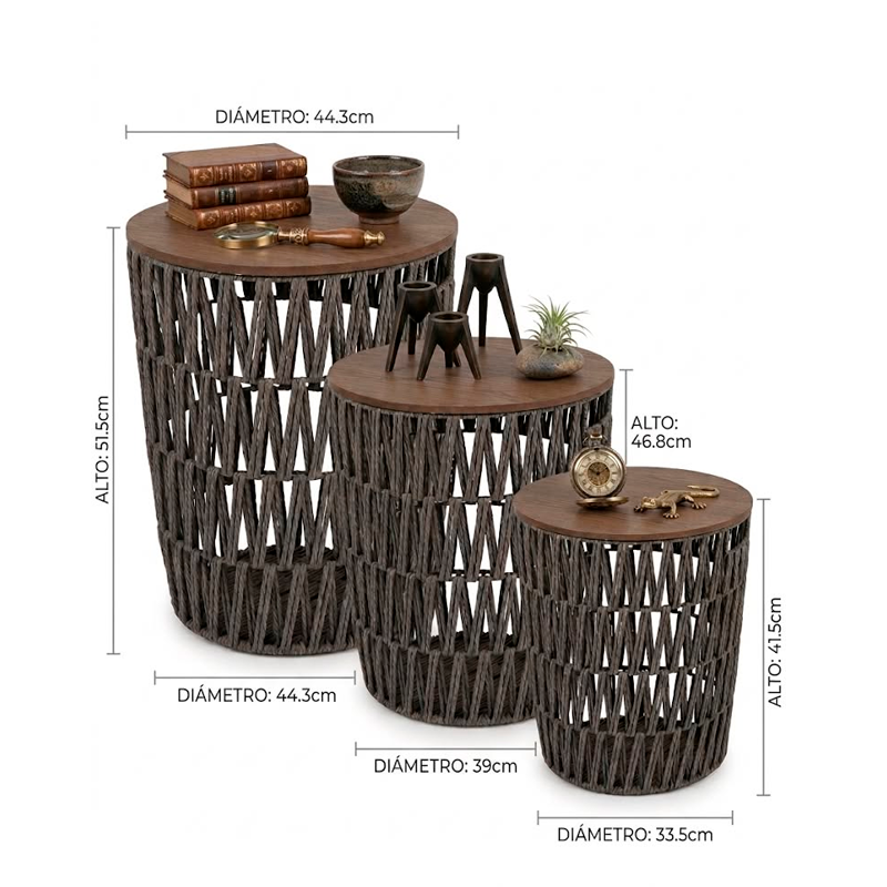 Set x3 Mesas Auxiliares de Cuerda Trenzada y Madera Living Decohogar