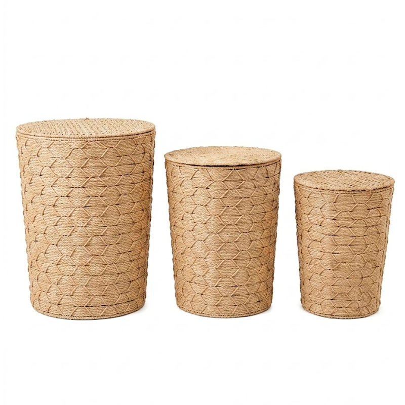Set de 3 Canastos Organizadores de Fibra Natural con Tapa Estilo Boho