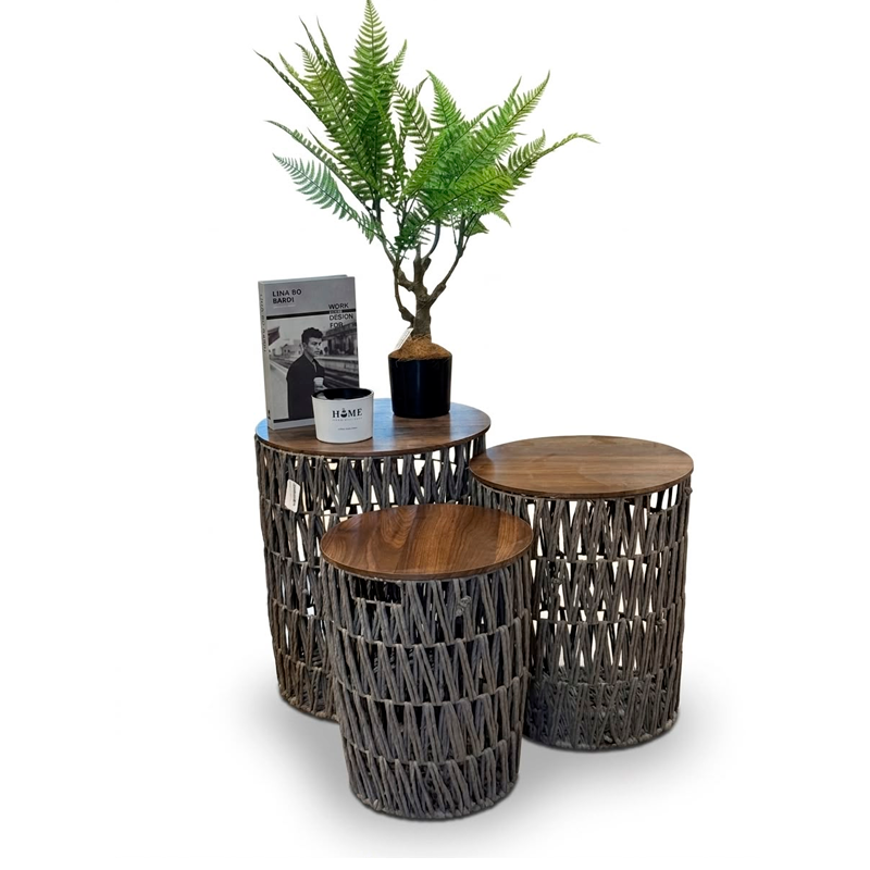 Set x3 Mesas Auxiliares de Cuerda Trenzada y Madera Living Decohogar