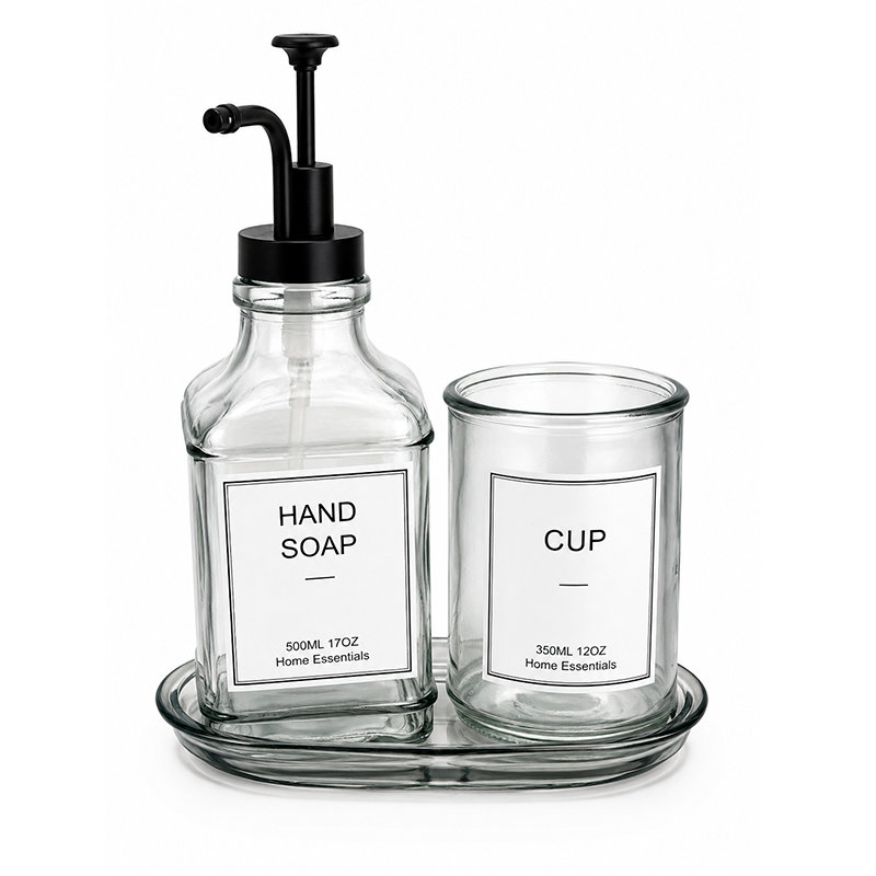 Set Dispensador De Jabón Y Vaso Vidrio Ahumado Para Baño