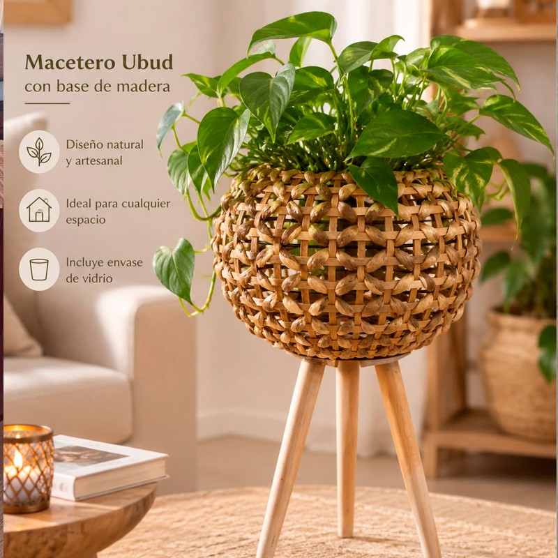 Macetero Ubud de Yute Natural con Base de Madera Porta Macetas