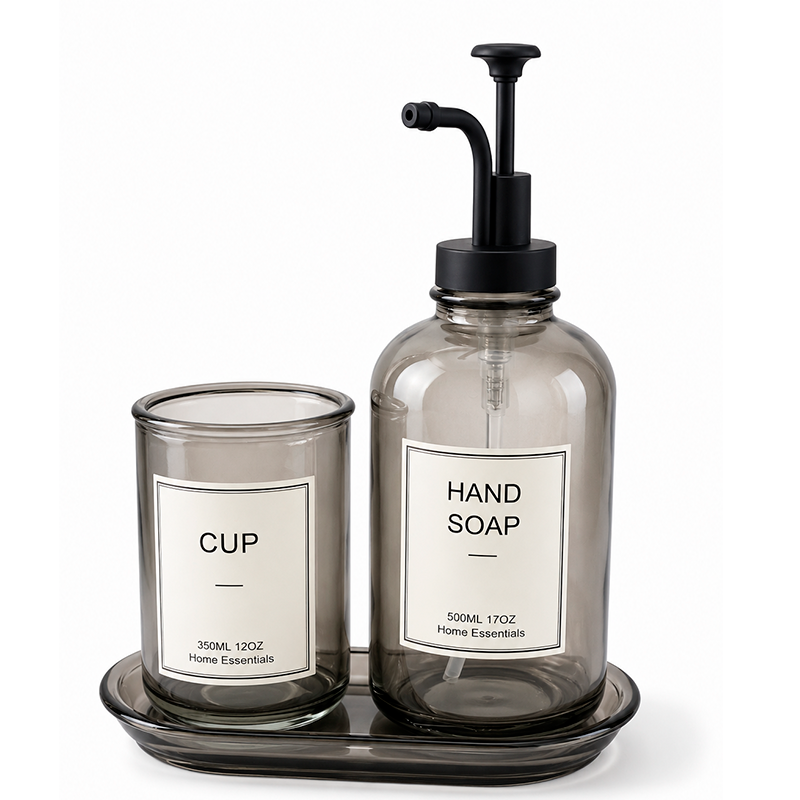 Set Dispensador De Jabón Y Vaso Vidrio Ahumado Para Baño