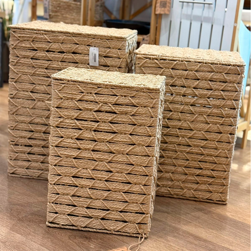 Set de 3 Canastos Rectangulares Organizadores de Fibra Natural con Tapa Estilo Boho