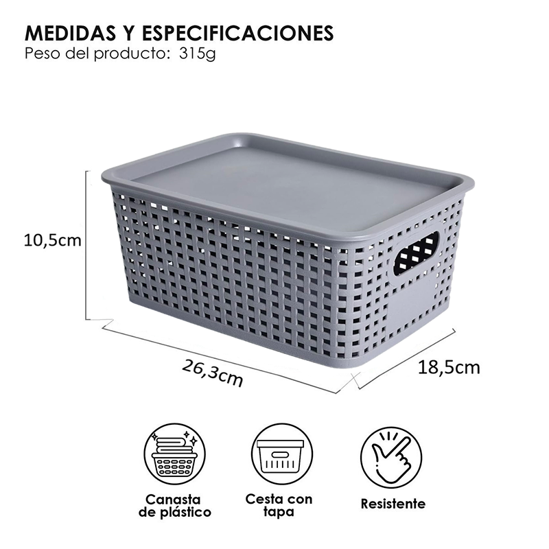 Caja Organizadora Ratán 6 Lt. Color Gris Canasto Cocina
