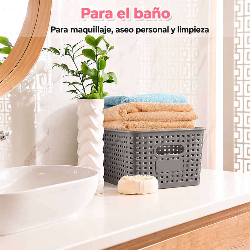 Pack Caja Organizadora Ratán 10lt Color Gris Canasto Cocina