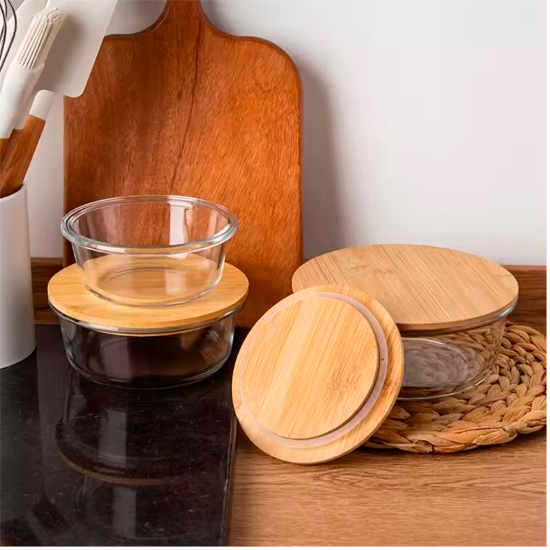 Recipiente de Vidrio para Almacenamiento de Alimentos con Tapa de Bambú