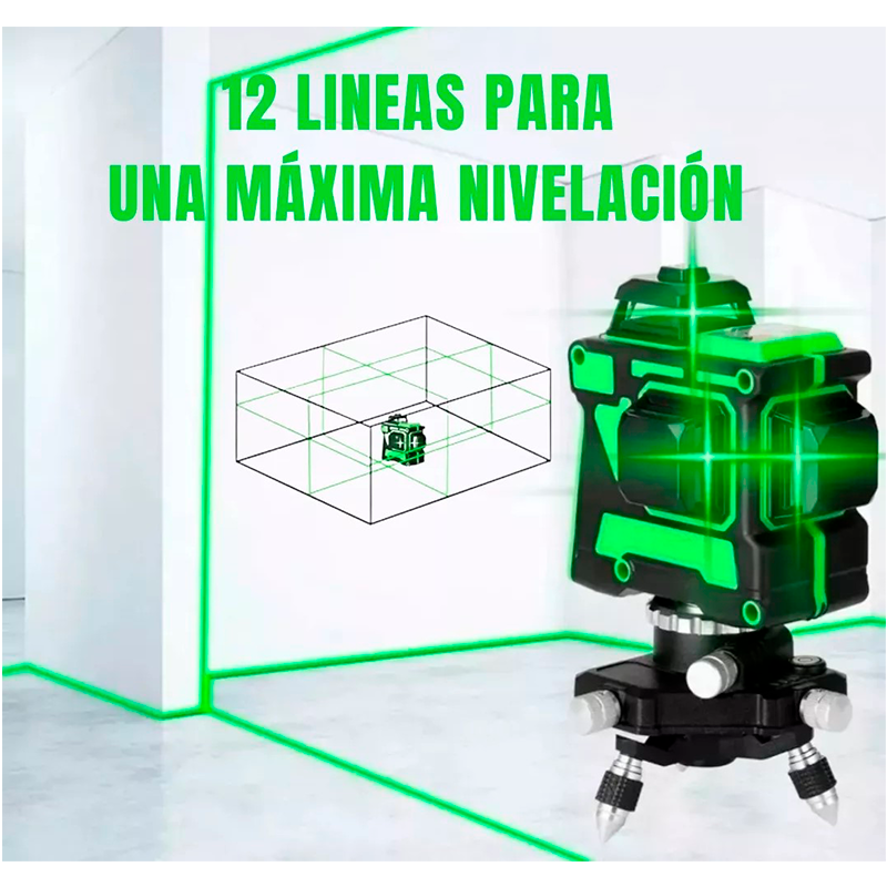 Nivel Laser Profesional 12 Líneas + Maletín + Trípode Color Verde Wakeshome