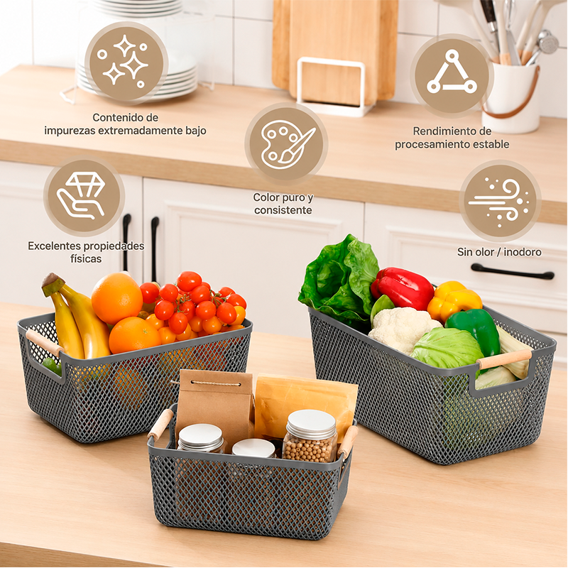 Set 3 Canastos Metalicos Con Mango De Madera Para El Hogar