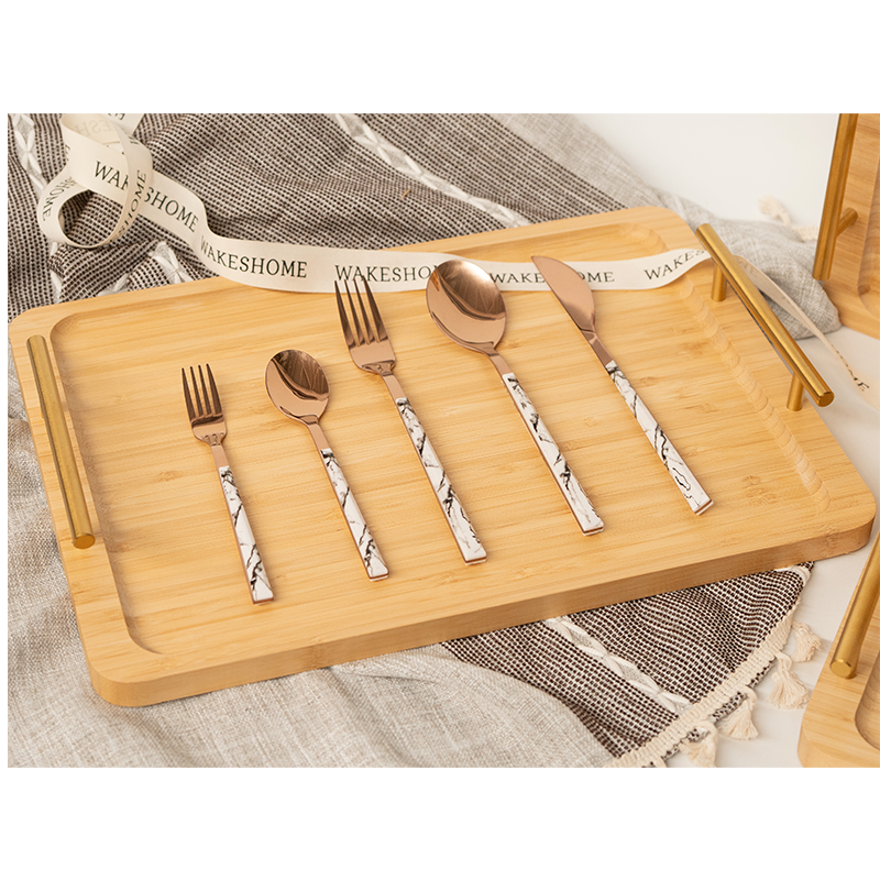 Juego De Cuchilleria 6 Piezas Gold Rose Mango Efecto Mármol Cucharilla Cuchara Tenedor