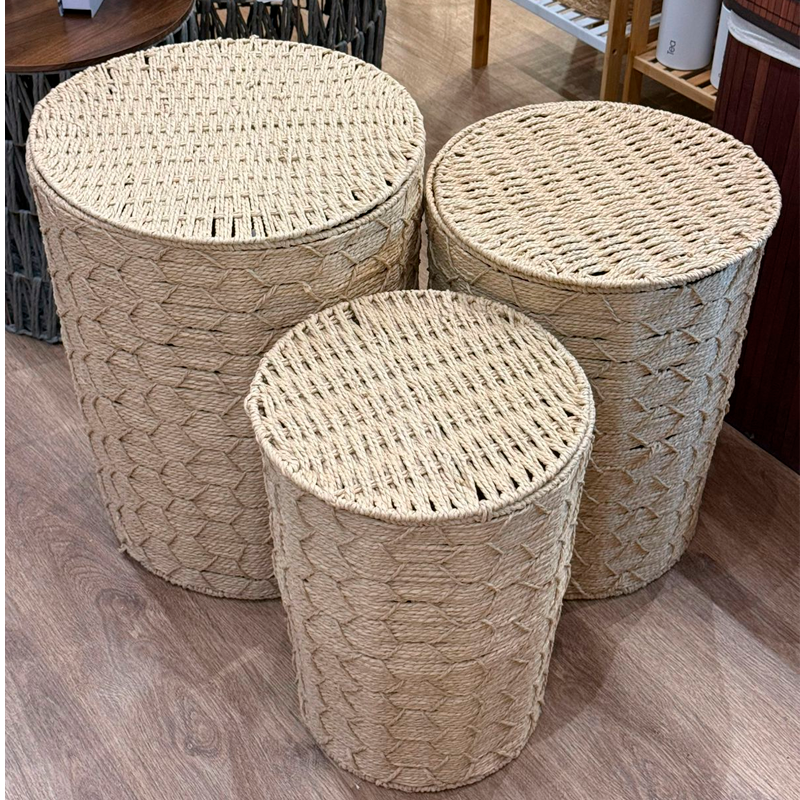 Set de 3 Canastos Organizadores de Fibra Natural con Tapa Estilo Boho