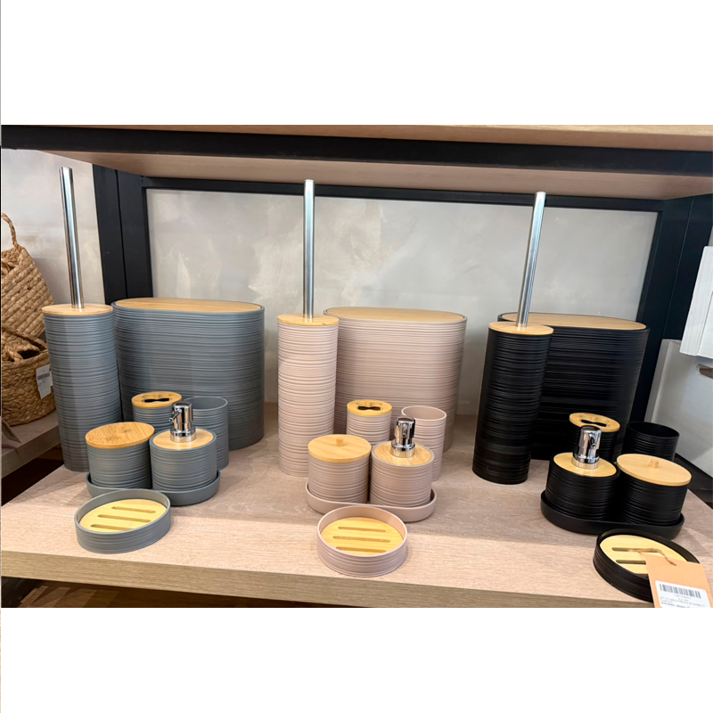 Set De 8 Accesorios Para Baño Con Tapa De Bambu Papelera Wc
