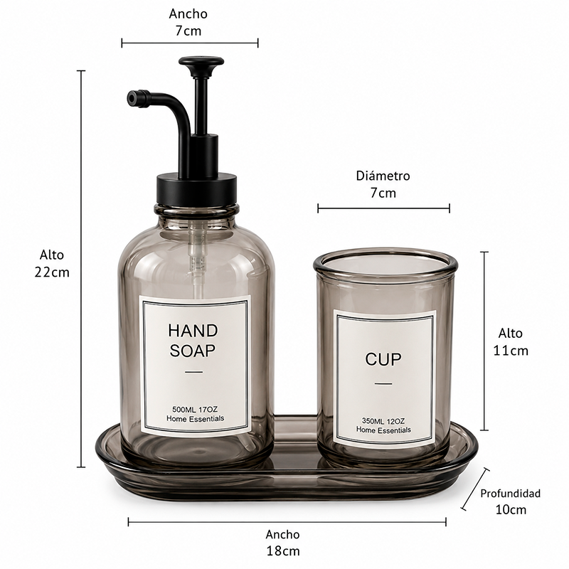 Set Dispensador De Jabón Y Vaso Vidrio Ahumado Para Baño