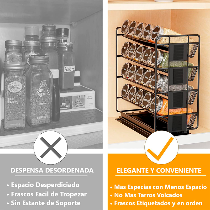 20 Condimenteros De Vidrio + Estante Desplegable Y Etiquetas Negro