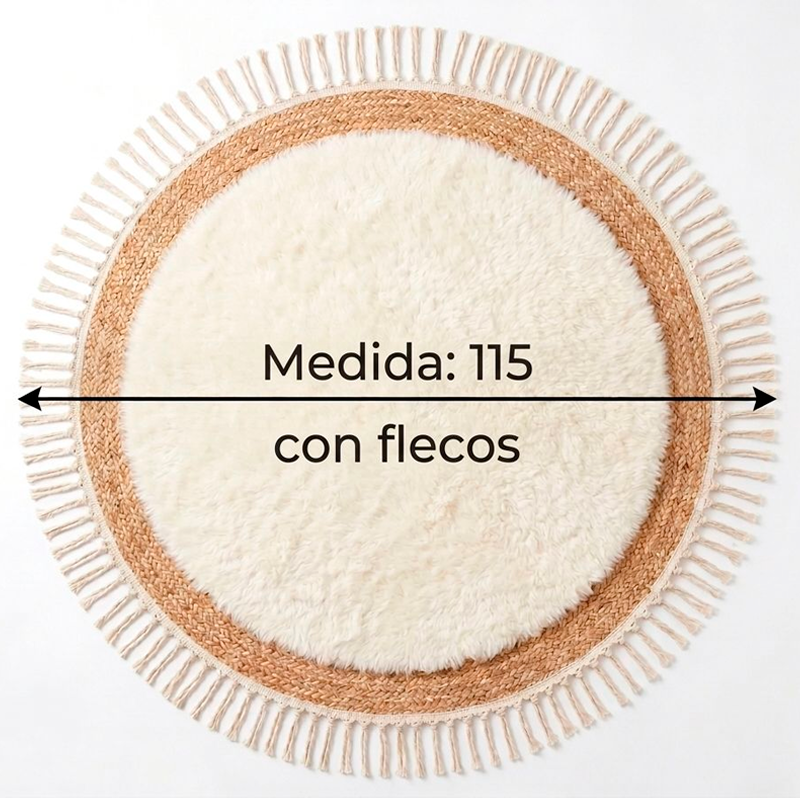 Alfombra Redonda de Yute 115cm Diseño Boho con Flecos Artesanales