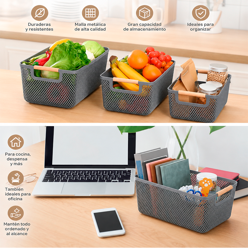 Set 3 Canastos Metalicos Con Mango De Madera Para El Hogar