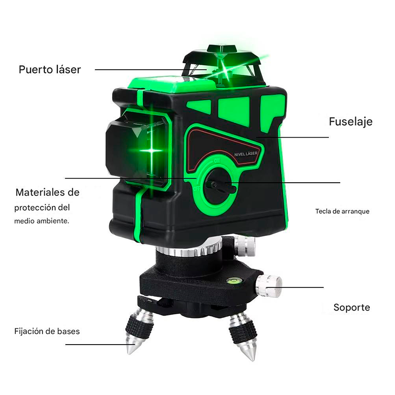 Nivel Laser Profesional 12 Líneas + Maletín + Trípode Color Verde Wakeshome