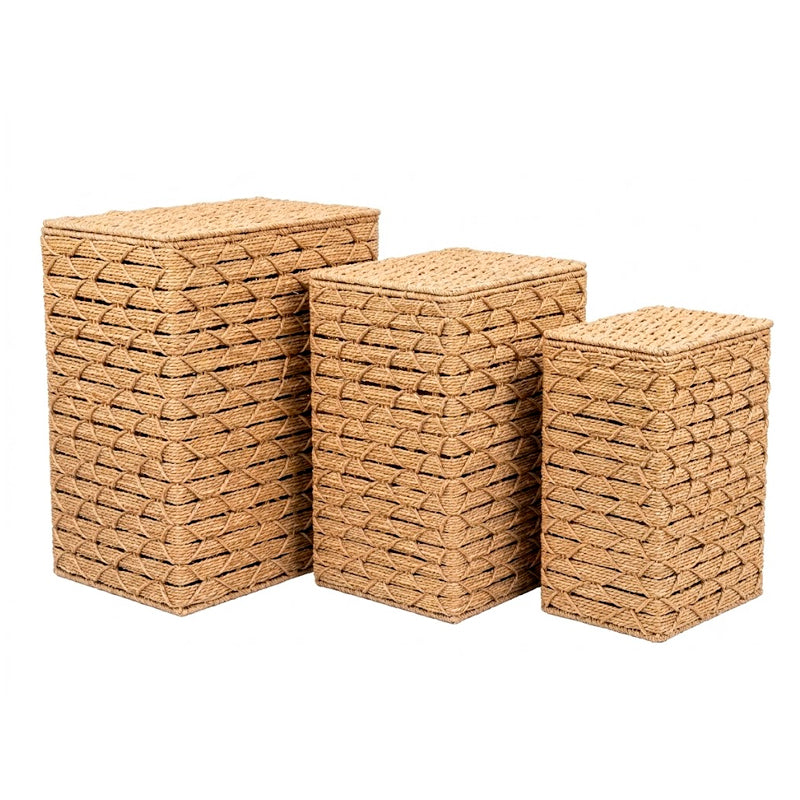 Set de 3 Canastos Rectangulares Organizadores de Fibra Natural con Tapa Estilo Boho
