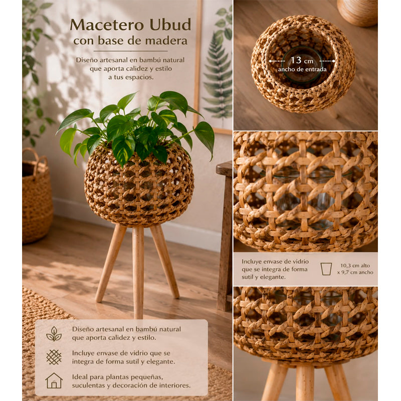 Macetero Ubud de Yute Natural con Base de Madera Porta Macetas