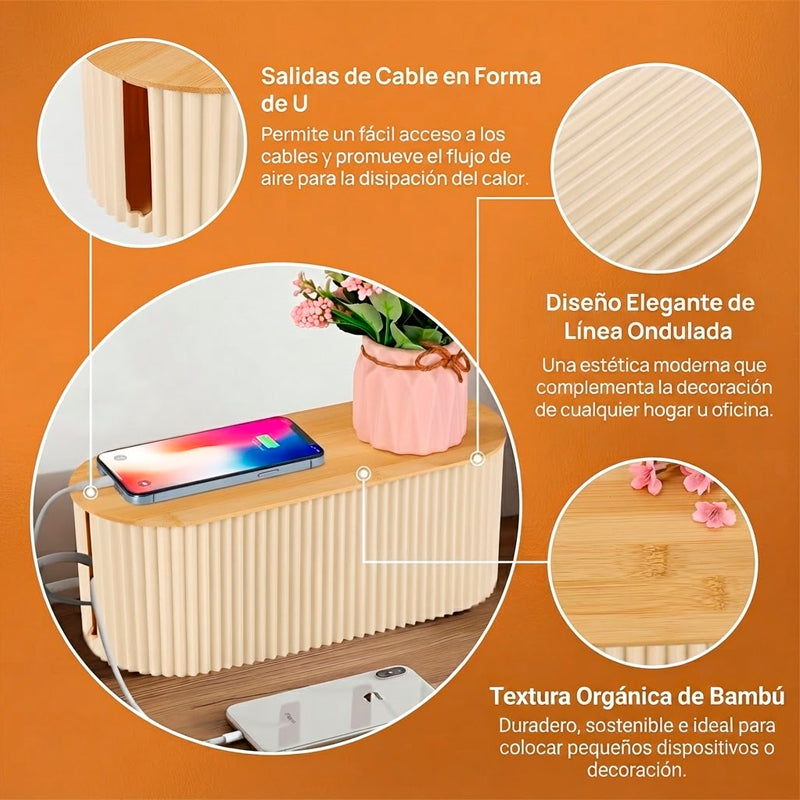 Caja Organizadora De Almacenamiento De Cables Soporte Con Tapa de Bambu