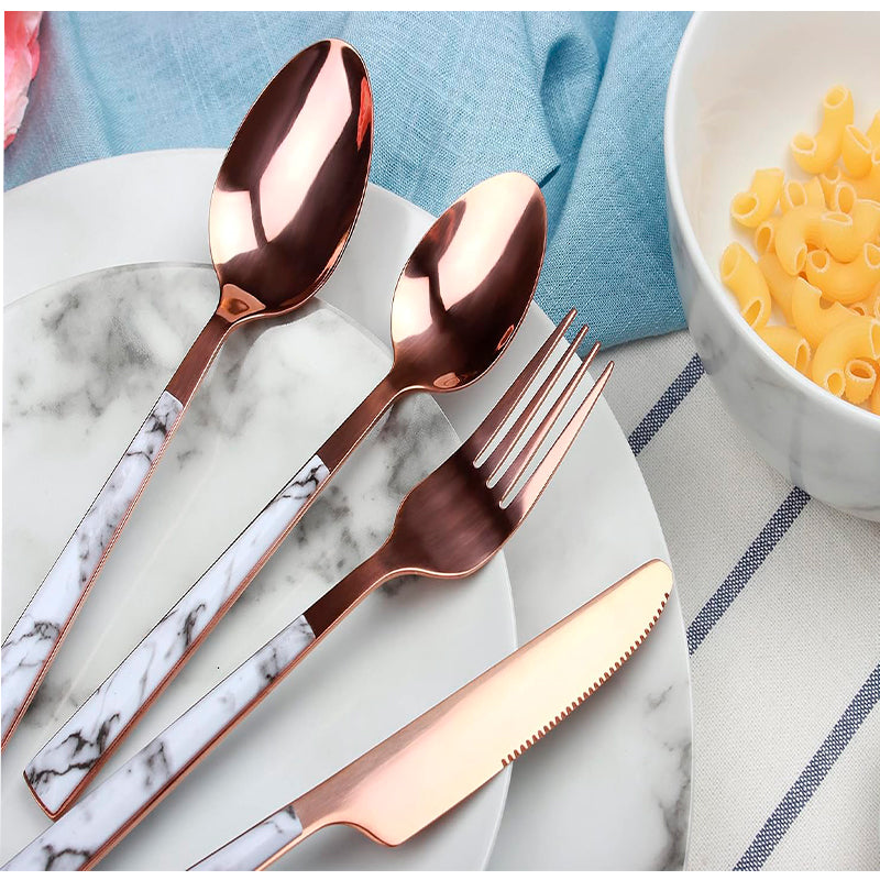 Juego De Cuchilleria 6 Piezas Gold Rose Mango Efecto Mármol Cucharilla Cuchara Tenedor