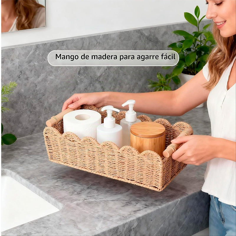 Canasto Tejido Organizador De Baño Con Asas De Madera