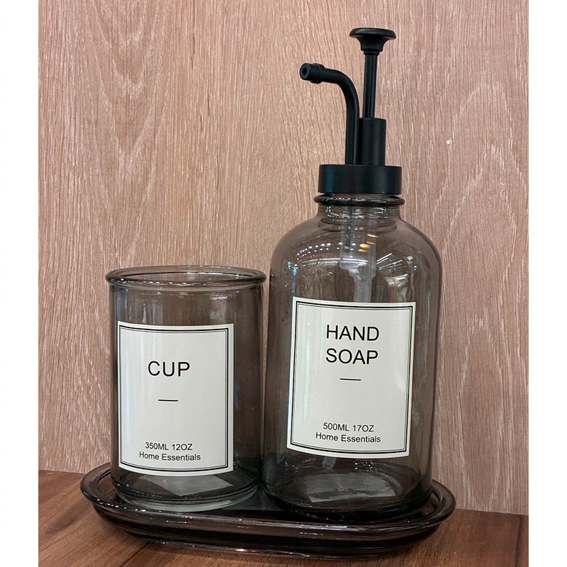 Set Dispensador De Jabón Y Vaso Vidrio Ahumado Para Baño