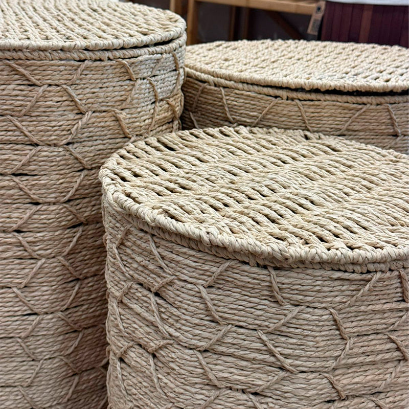 Set de 3 Canastos Organizadores de Fibra Natural con Tapa Estilo Boho