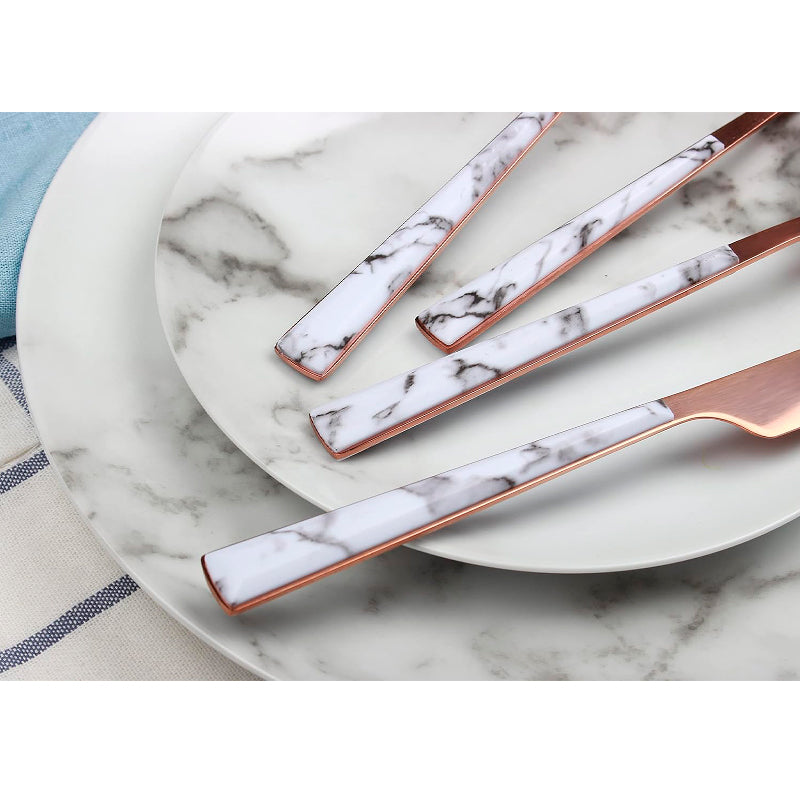 Juego De Cuchilleria 6 Piezas Gold Rose Mango Efecto Mármol Cucharilla Cuchara Tenedor