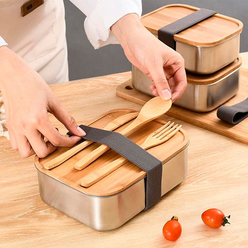 Lonchera de Acero Inoxidable y Bambú Fiambrera con Tapa y Cubiertos Colación
