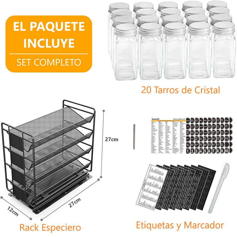 20 Condimenteros De Vidrio + Estante Desplegable Y Etiquetas Negro
