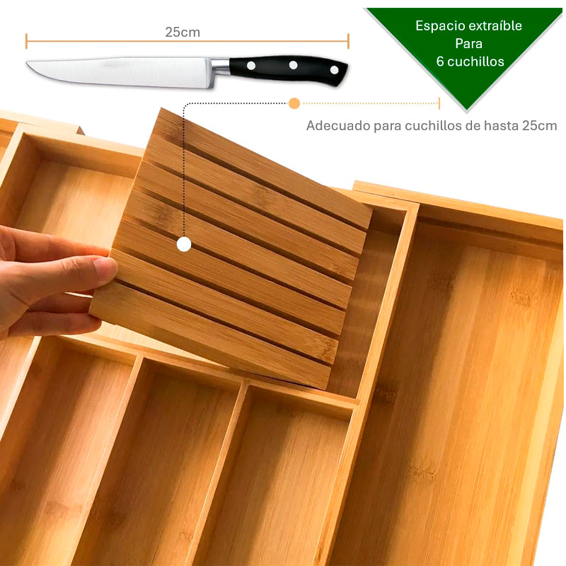 Organizador de Cubiertos para Cajones Organizador de Bambú de Cocina Porta utensilios expandible