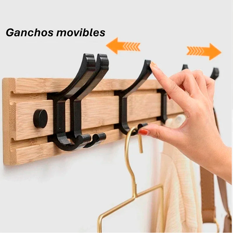 Perchero de Bambú 5 Colgadores Ganchos Móviles de Aluminio