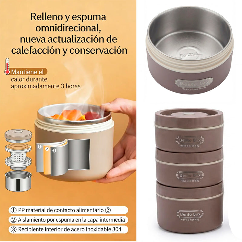 Fiambrera De Acero Inoxidable Set 4 Lonchera Térmica Apilable Multicapa y Estuche