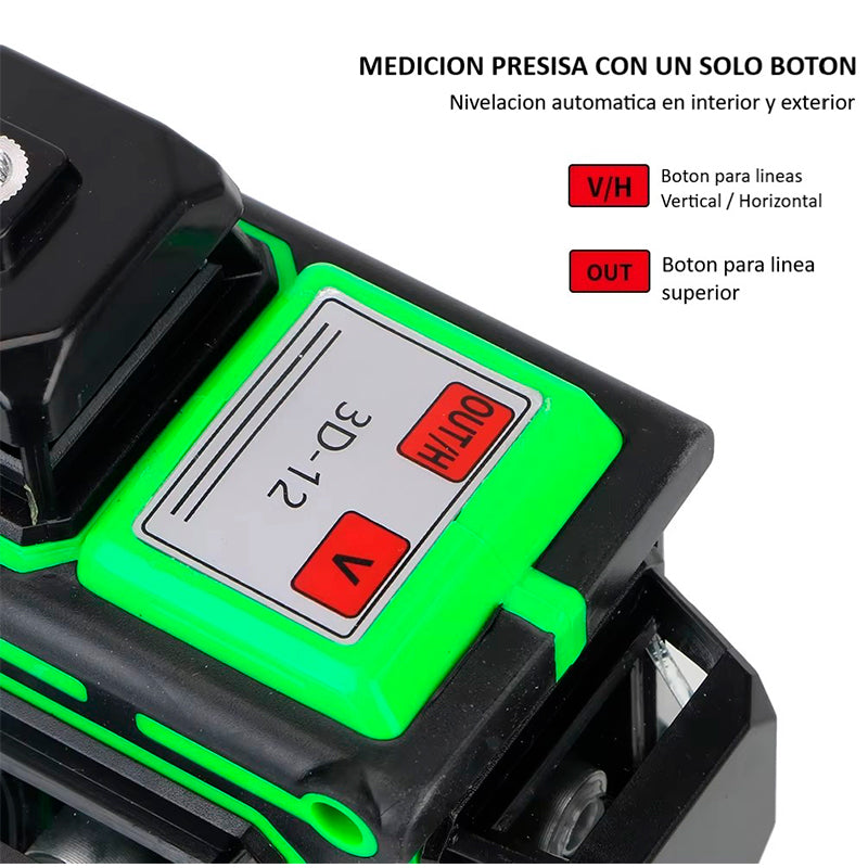 Nivel Laser Profesional 12 Líneas + Maletín + Trípode Color Verde Wakeshome