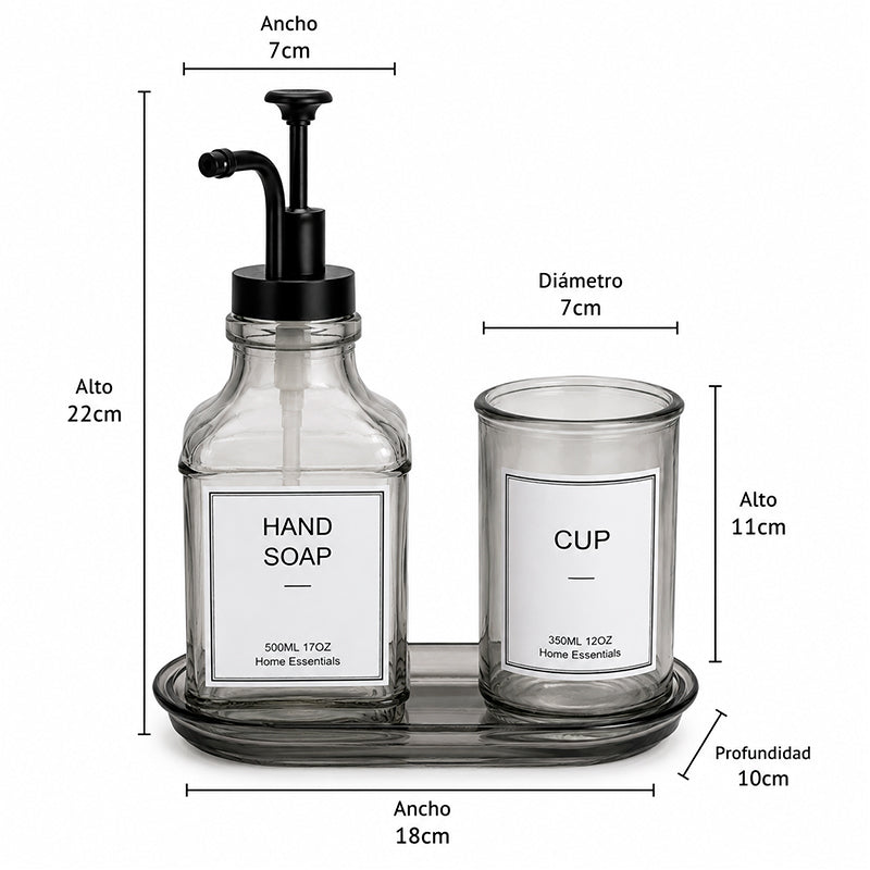 Set Dispensador De Jabón Y Vaso Vidrio Ahumado Para Baño