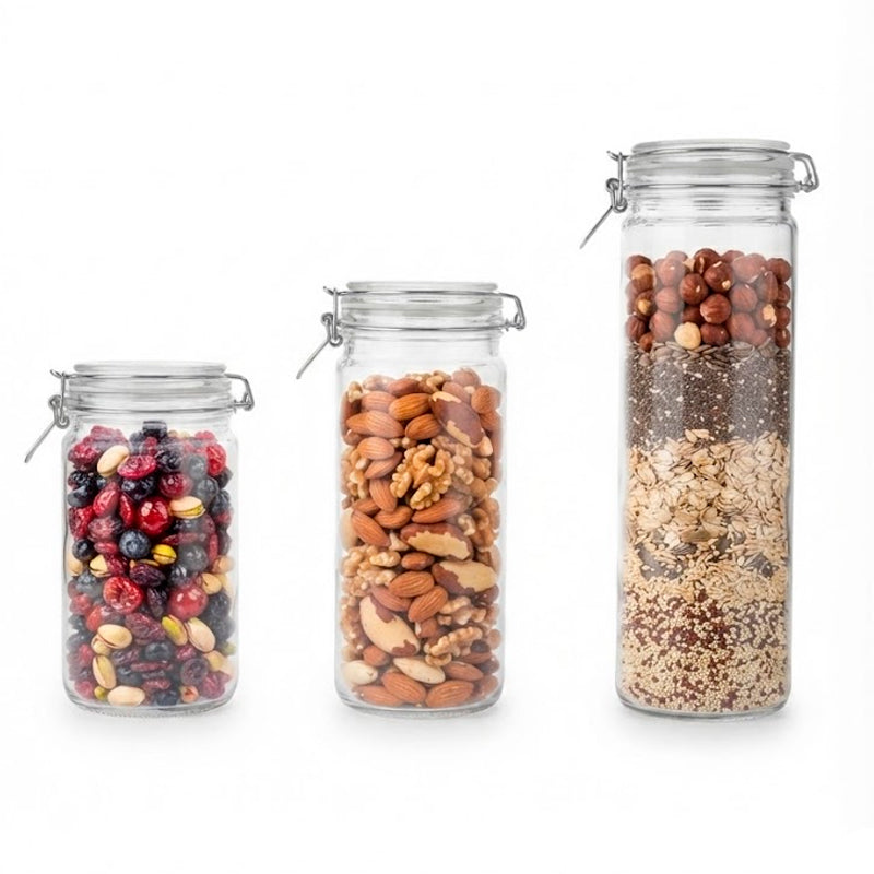 Set 3 Tarros de Almacenamiento de Vidrio Tapa Hermética con Bisagra